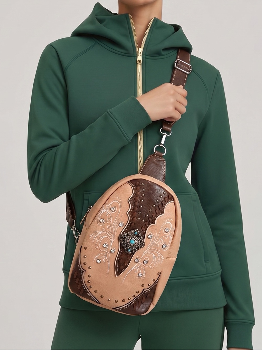 Handcrafted Tooled Leather Crossbody Bag | Western Boho Concho Sling | Tan/Brown